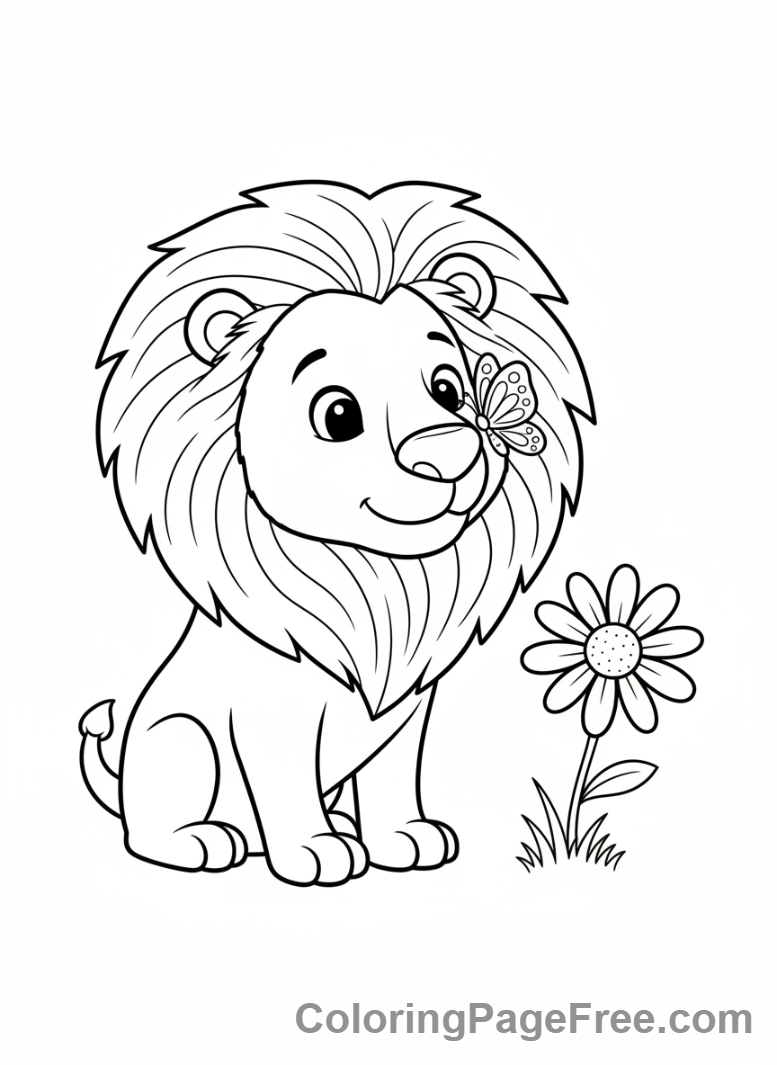 Lion coloring page - Lion butterfly flower