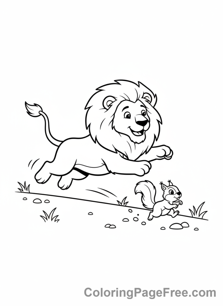 Playful Lion Chasing Coloring Page