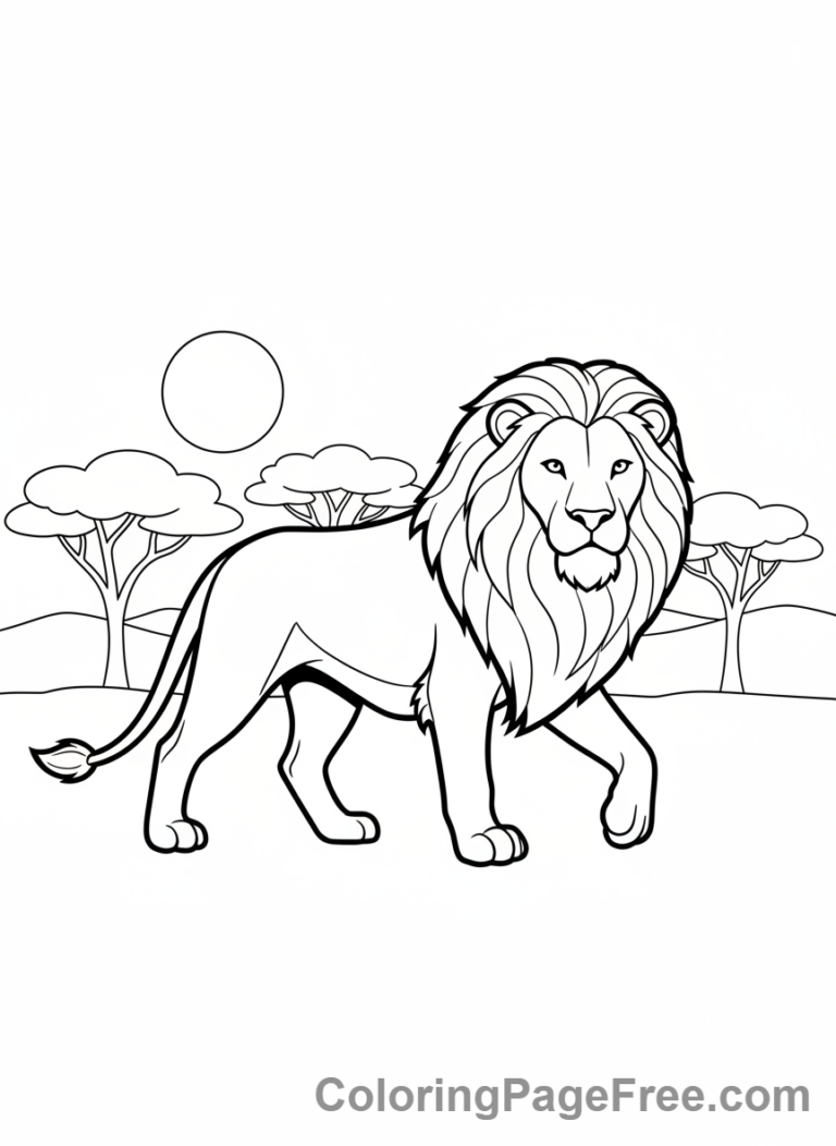 Lion Walking on Savanna Coloring Page