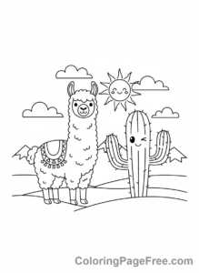 Llama coloring page - Llama desert cactus