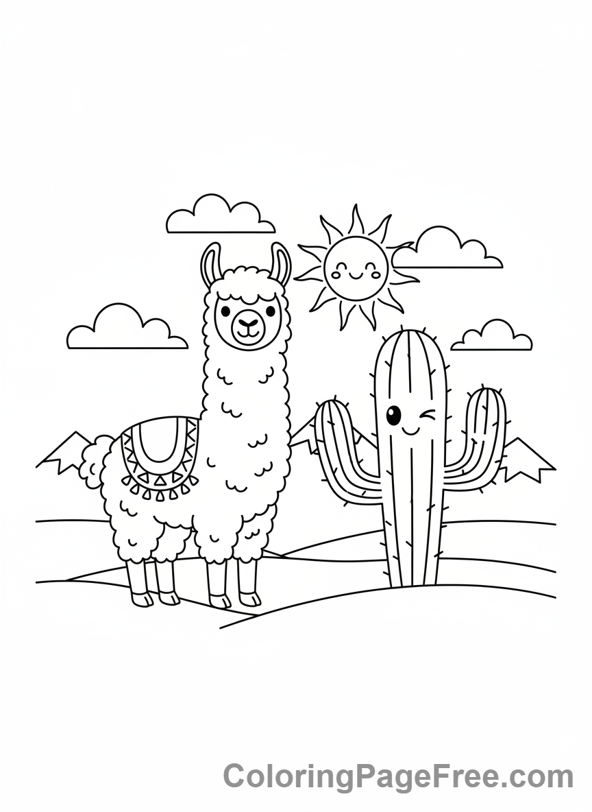 Llama coloring page - Llama desert cactus