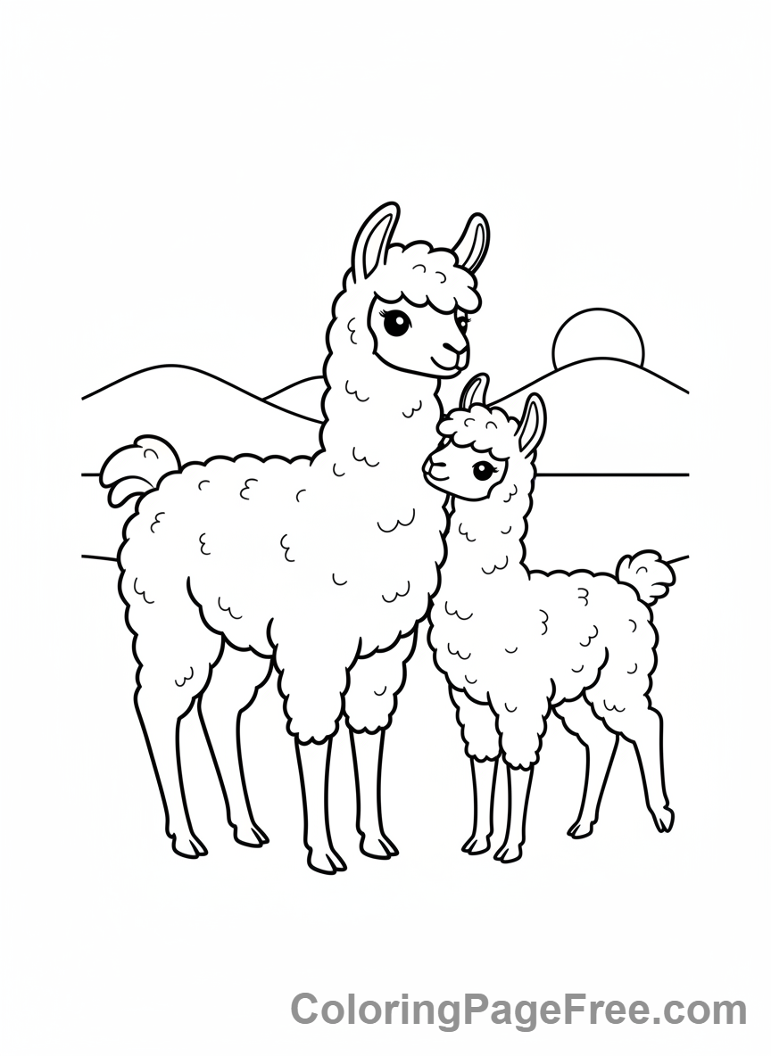 Llama coloring page - Llama family together