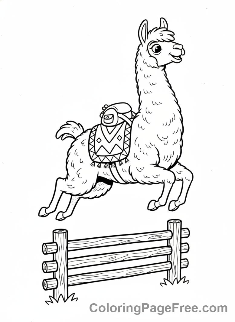 Llama coloring page - Llama jumping fence