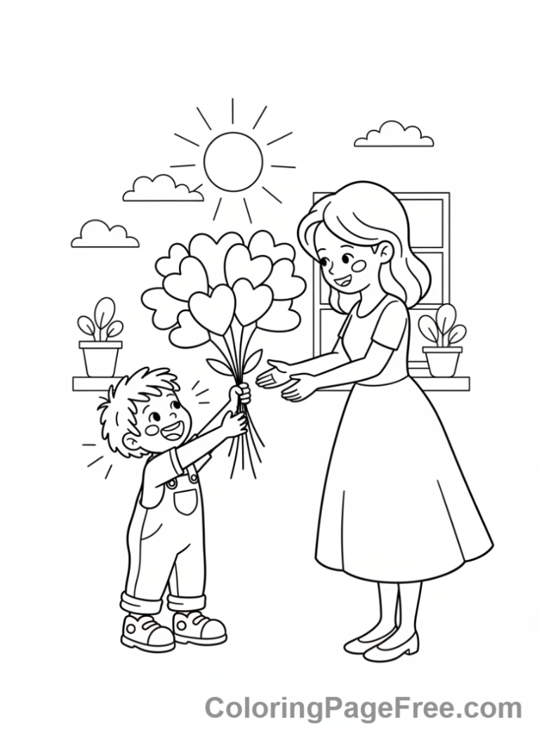 Love coloring page - Child gives flowers