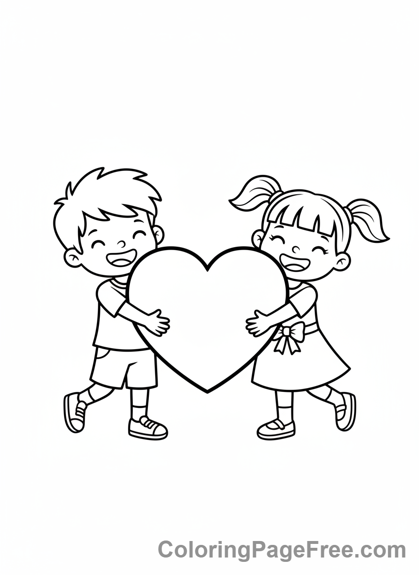 Love coloring page - Kids hug heart