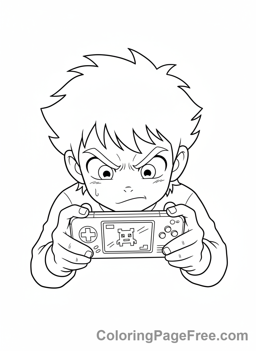 Manga coloring page - Gamer playing close-up
