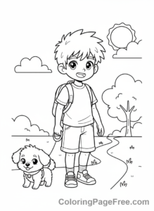 Manga coloring page - Manga boy walking pet
