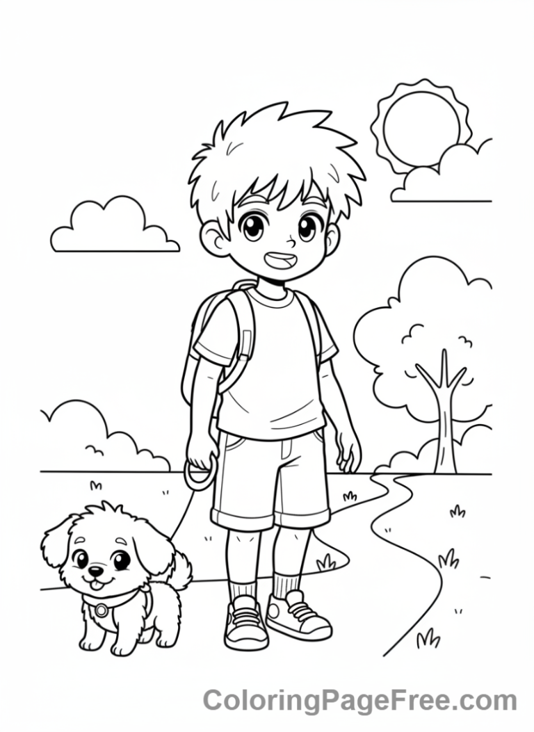 Manga coloring page - Manga boy walking pet