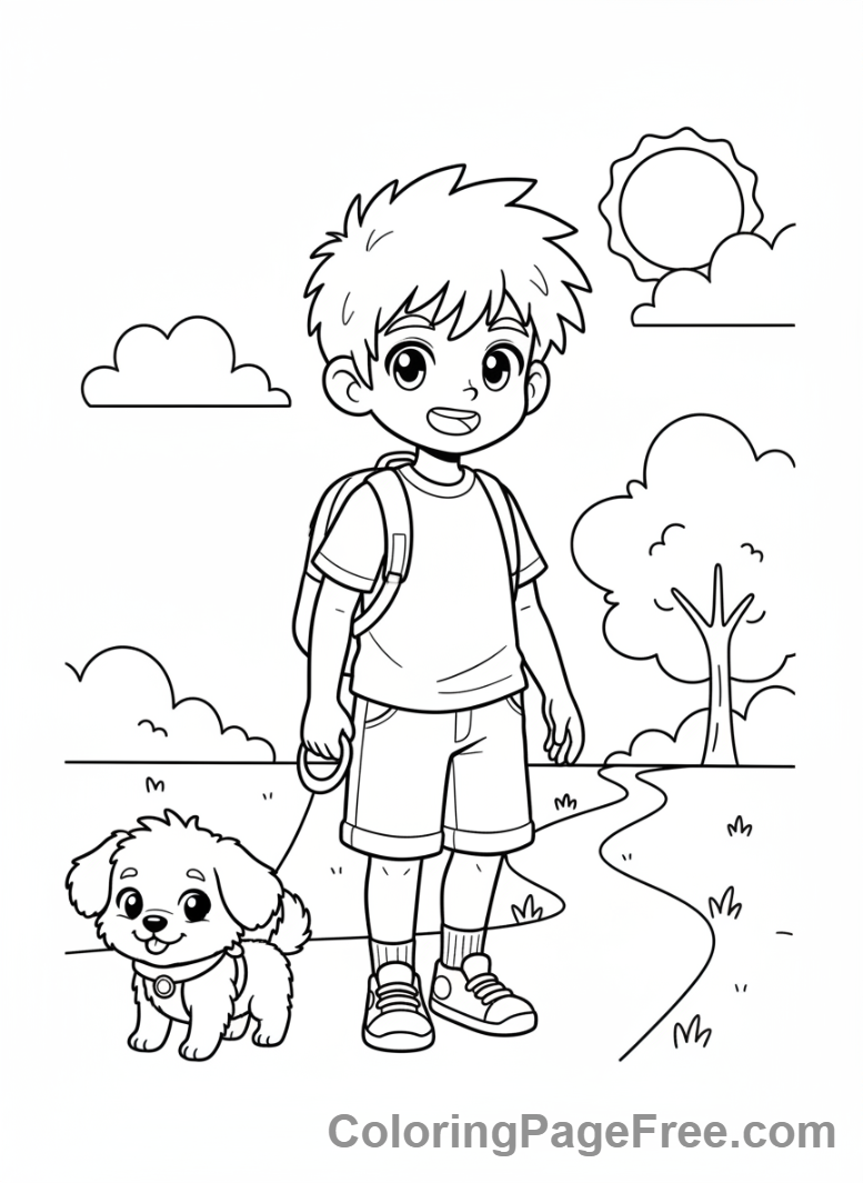 Manga coloring page - Manga boy walking pet