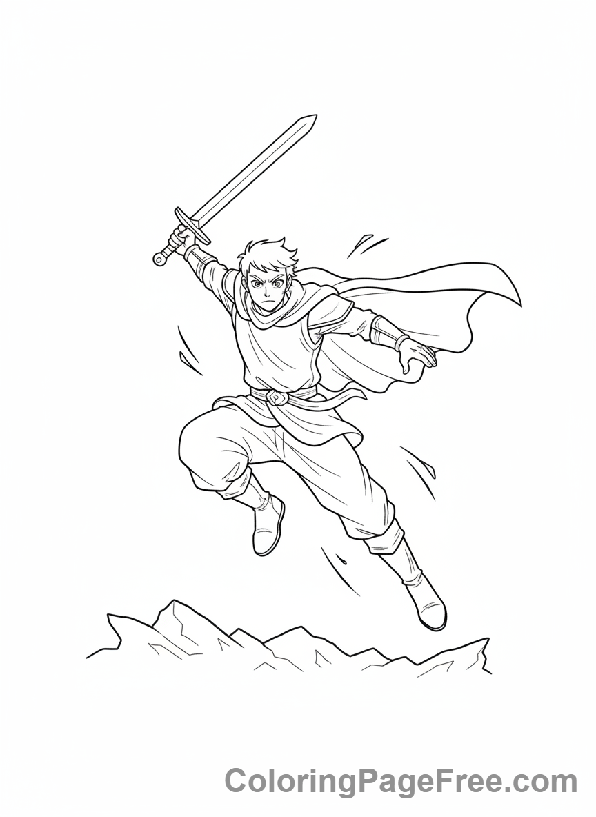 Manga coloring page - Manga warrior jumping