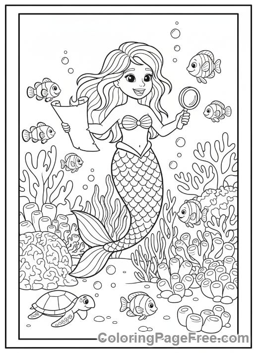 Mermaid coloring page - Mermaid exploring reef