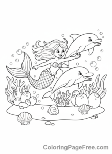 Mermaid coloring page - Mermaid playing dolphins