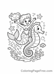 Mermaid coloring page - Mermaid riding seahorse