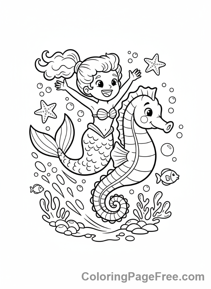 Mermaid coloring page - Mermaid riding seahorse