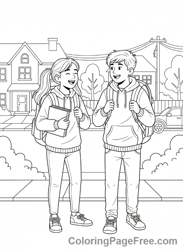 Middle School coloring page - Friends Walking Home