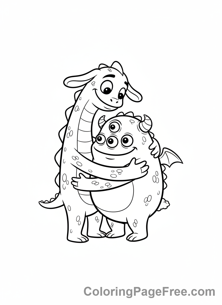 Monster coloring page - Monsters hugging friends