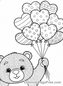 Months coloring page - Bear heart balloons