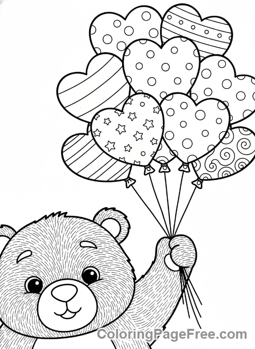 Months coloring page - Bear heart balloons