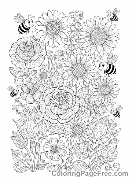 Months coloring page - Flower garden bees