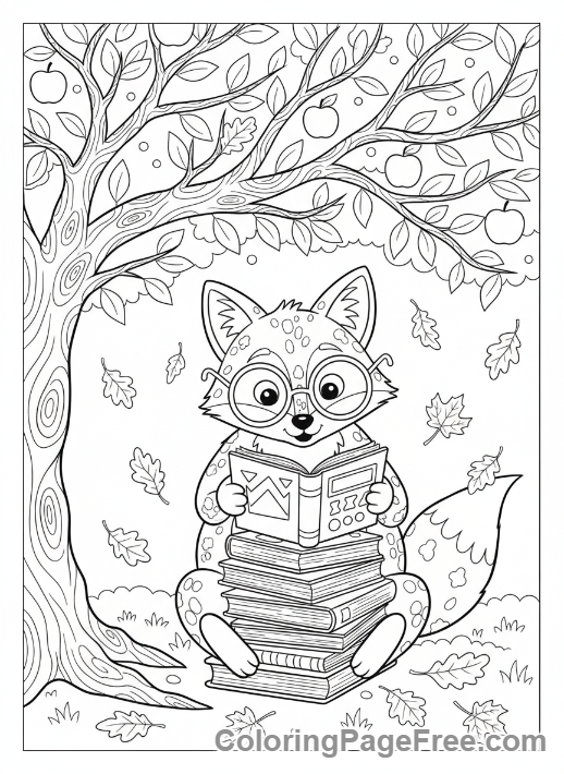 Months coloring page - Fox reading books