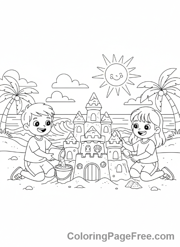 Months coloring page - Kids beach sandcastle