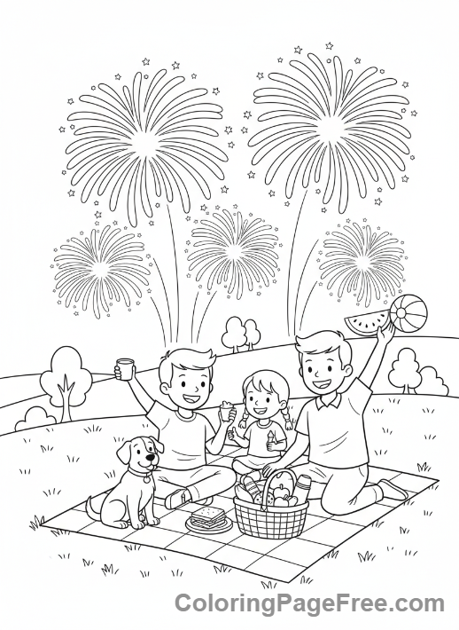 Months coloring page - Picnic fireworks dog