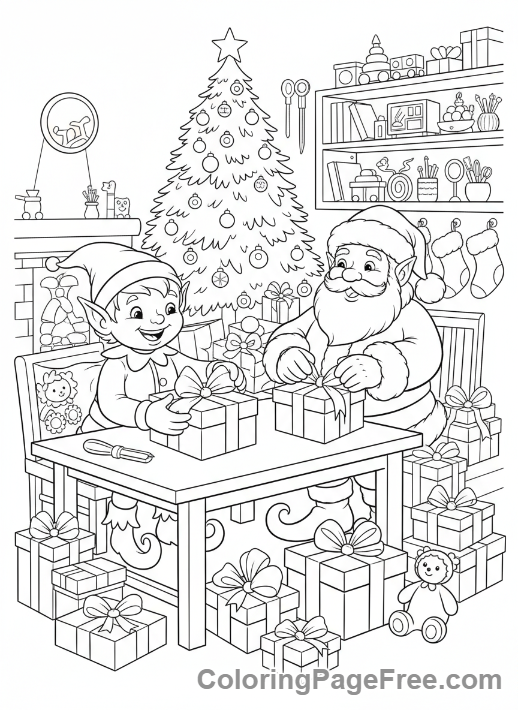 Months coloring page - Santa elf gifts
