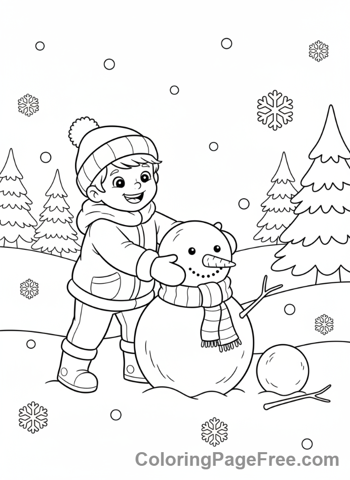 Months coloring page - Snowman child playing