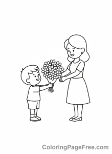 Mothers Day coloring page - Child gives flowers