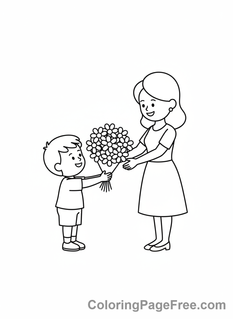 Mothers Day coloring page - Child gives flowers