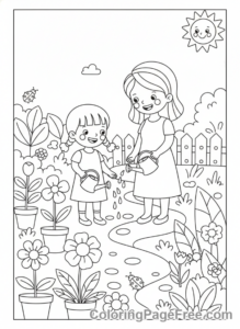 Mothers Day coloring page - Child helps garden