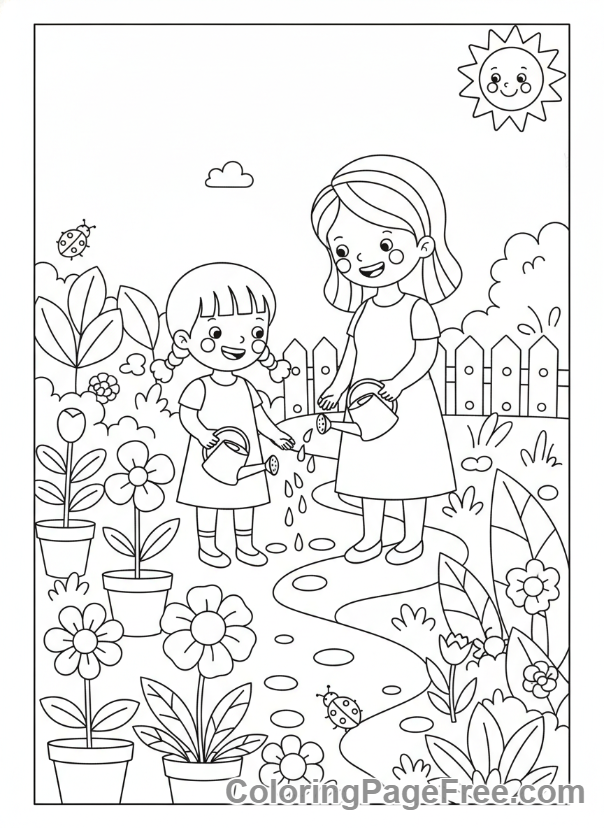Mothers Day coloring page - Child helps garden