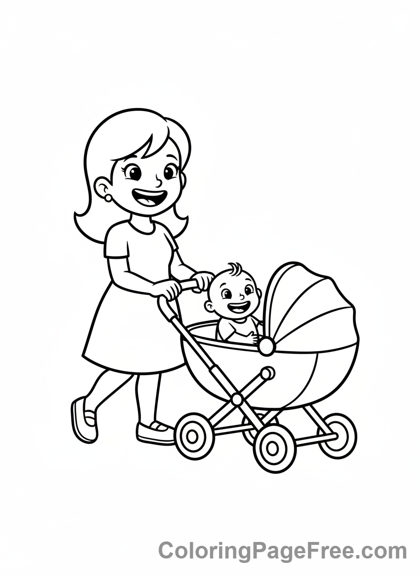 Mothers Day coloring page - Mom baby stroller