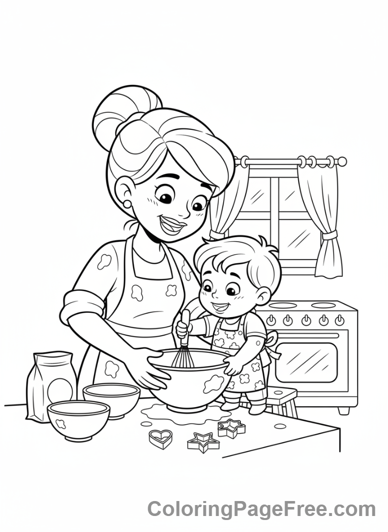 Mothers Day coloring page - Mom child baking