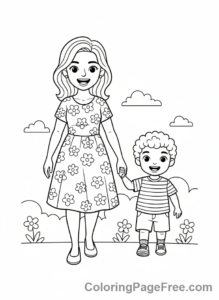 Mothers Day coloring page - Mom child walk