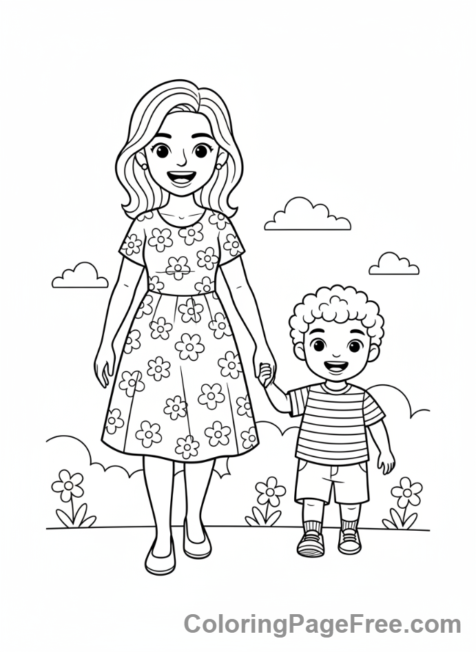 Mothers Day coloring page - Mom child walk