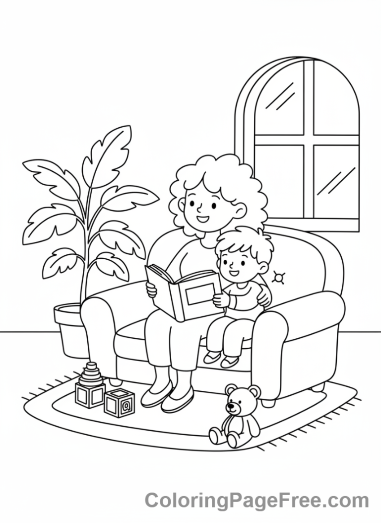 Mothers Day coloring page - Mom reads story