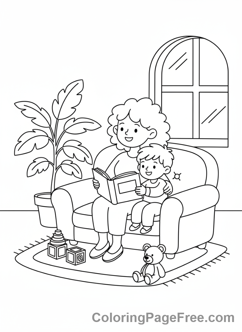 Mothers Day coloring page - Mom reads story
