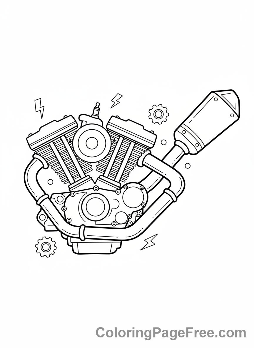 Motorcycle coloring page - Motorcycle engine close-up