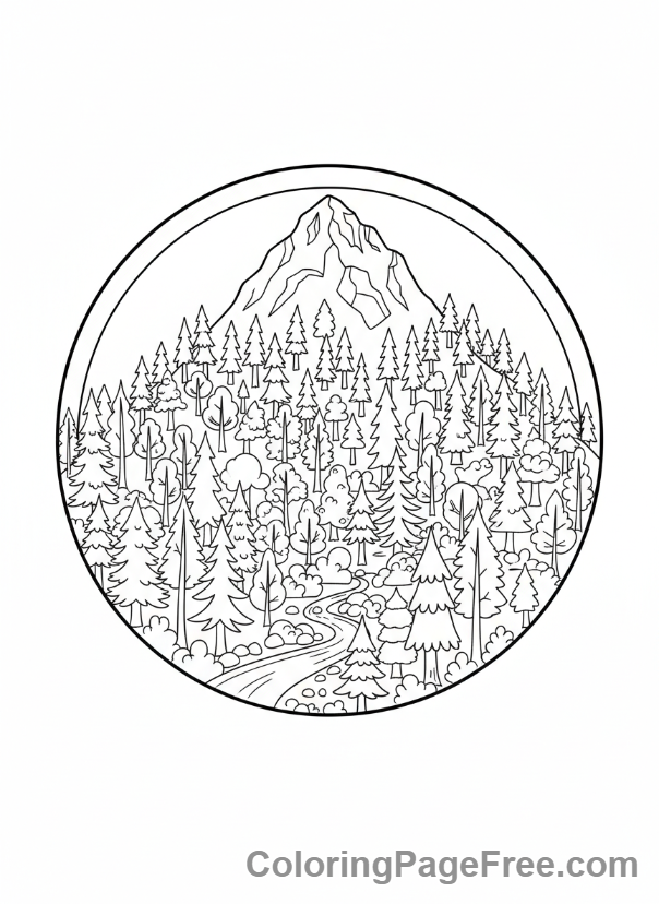 Mountains coloring page - Forested mountain view