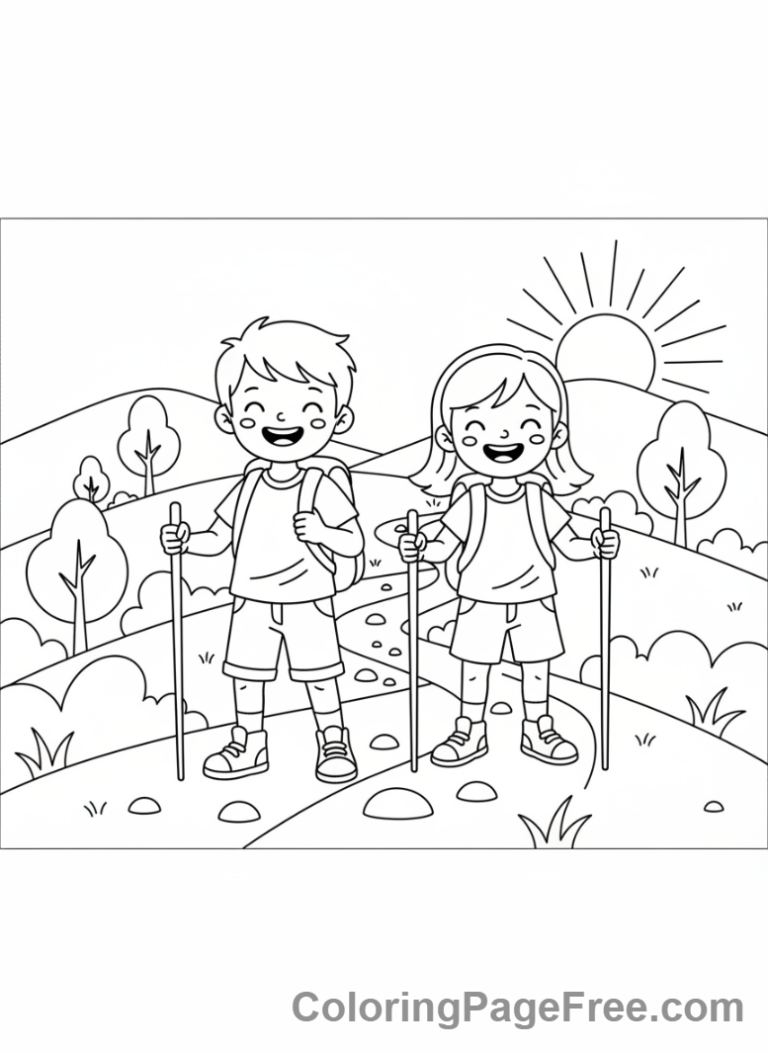 Mountains coloring page - Kids hiking mountain