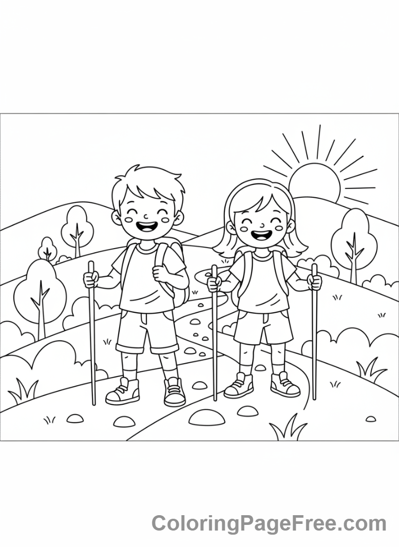 Mountains coloring page - Kids hiking mountain
