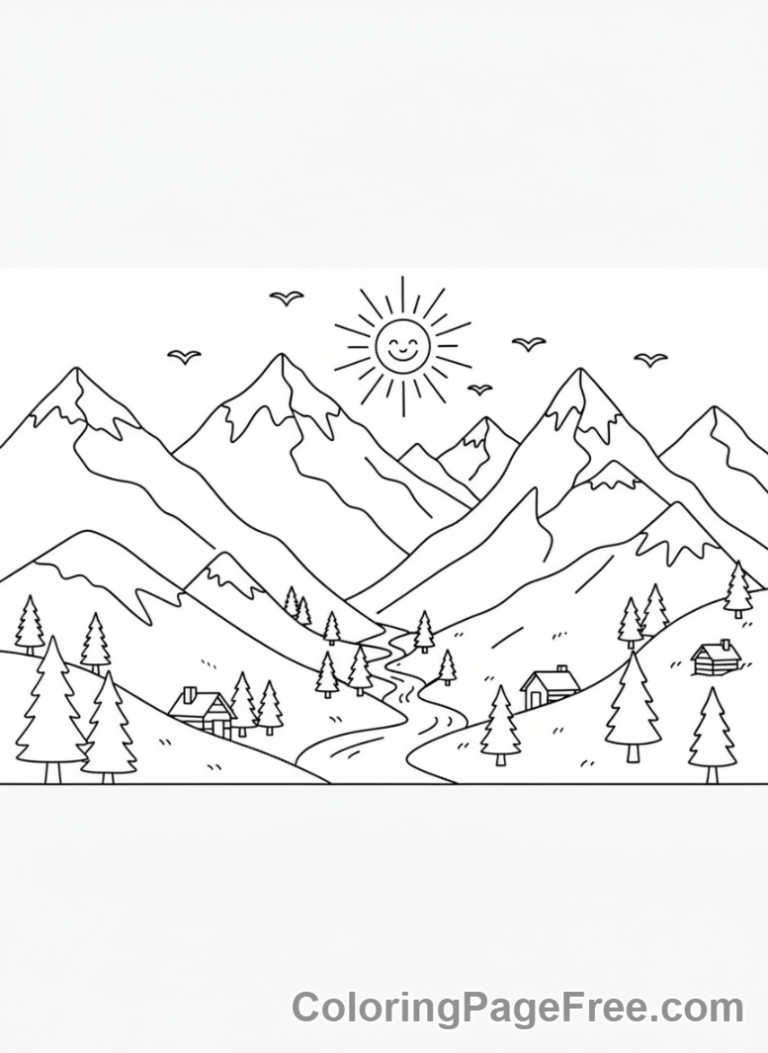 Mountains coloring page - Mountain range scenic
