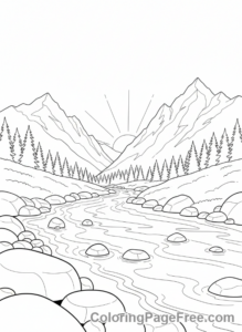 Mountains coloring page - Mountain river flow