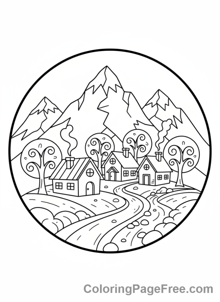 Mountains coloring page - Mountain village cozy