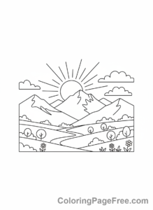 Mountains coloring page - Sunrise mountain scene