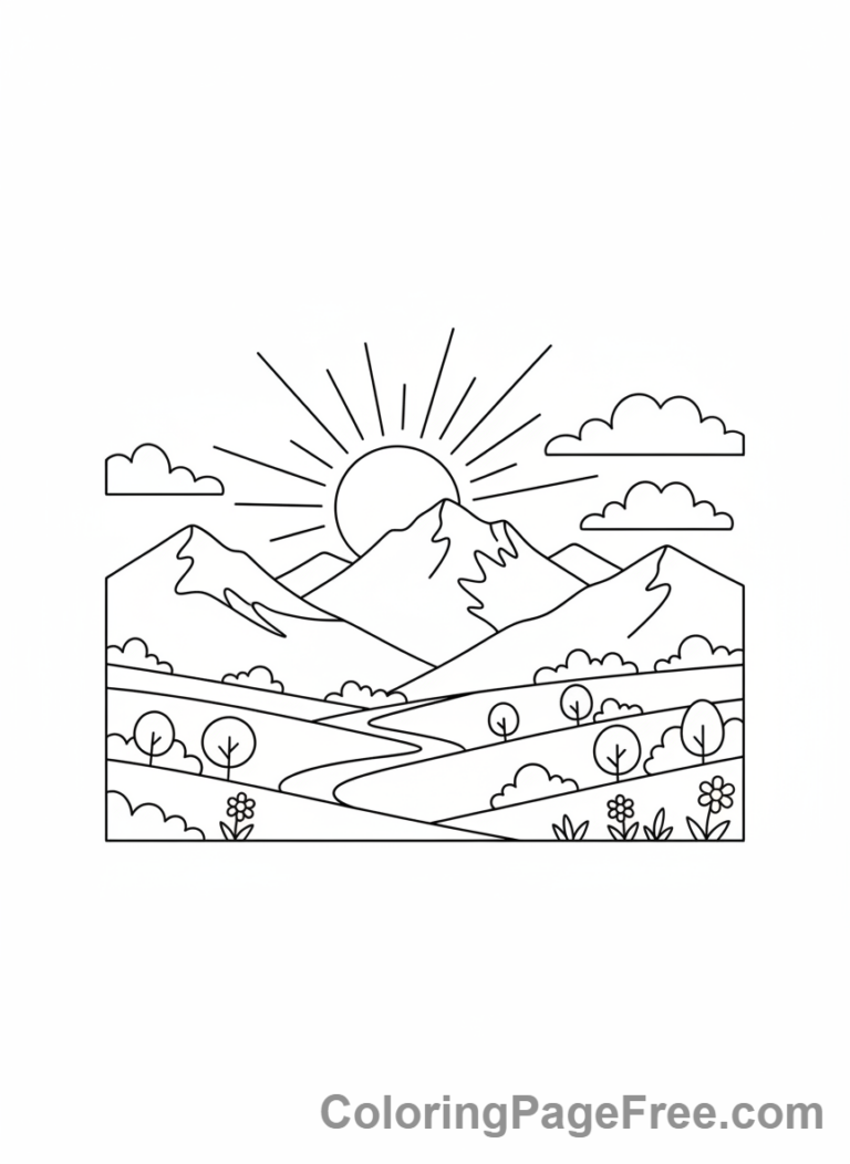 Mountains coloring page - Sunrise mountain scene
