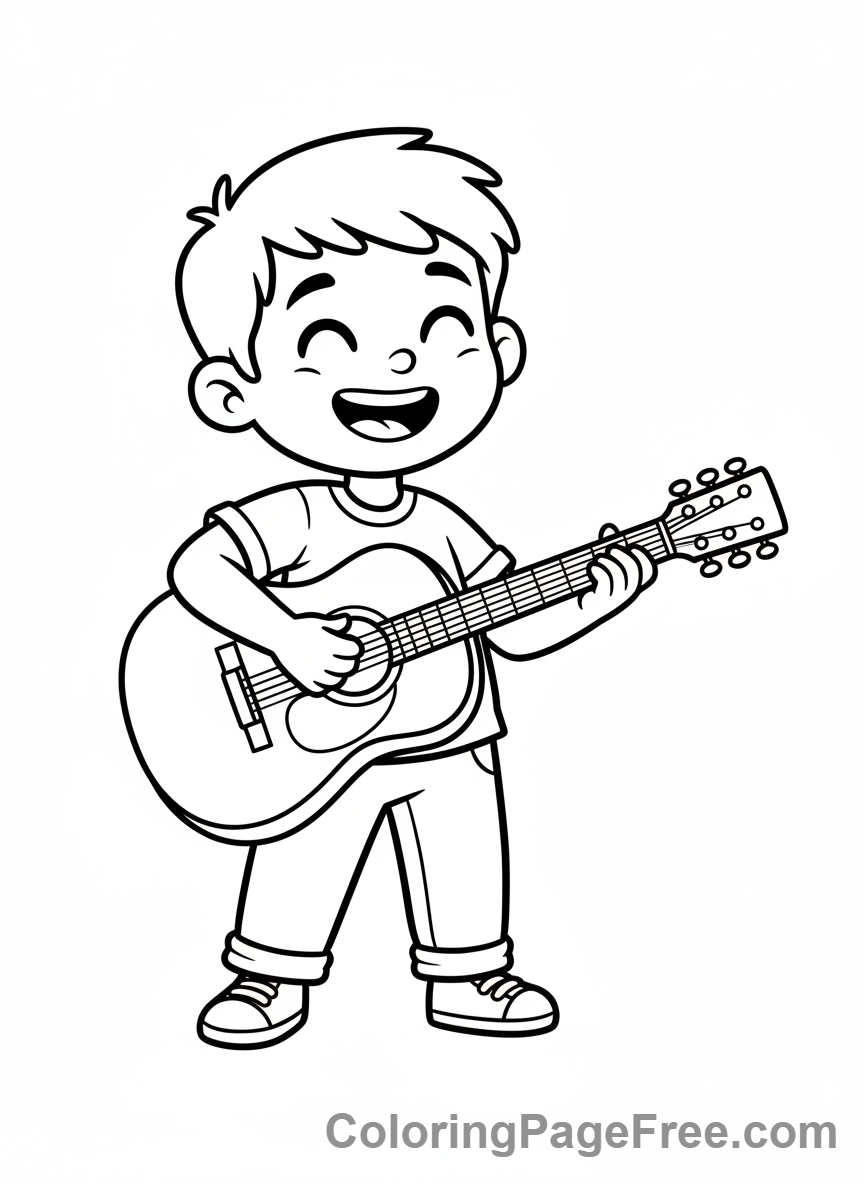 Music coloring page - Kid playing guitar