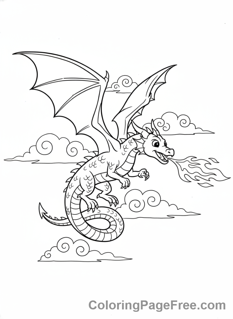 Mythical Creatures coloring page - Dragon flying fire