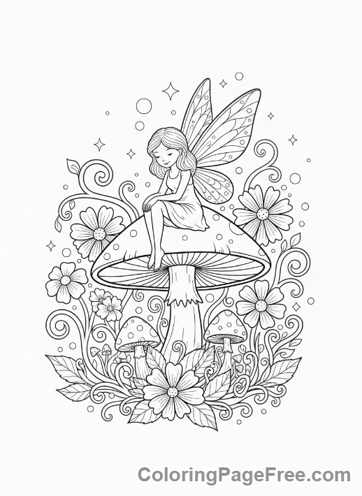 Mythical Creatures coloring page - Fairy mushroom garden